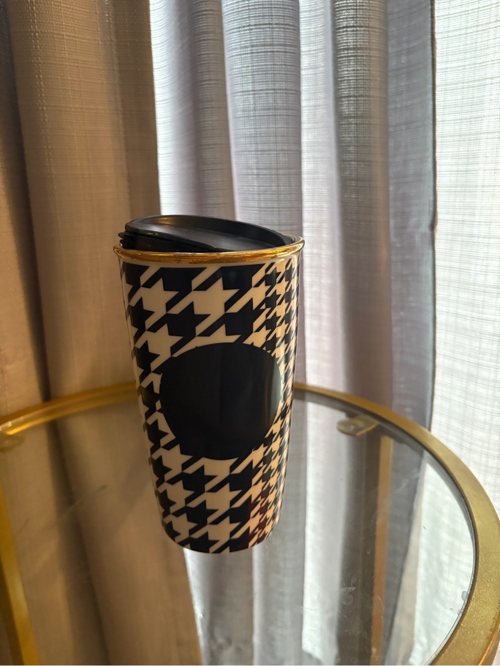 Starbucks Black and White Houndstooth Travel Tumbler with Gold Rim